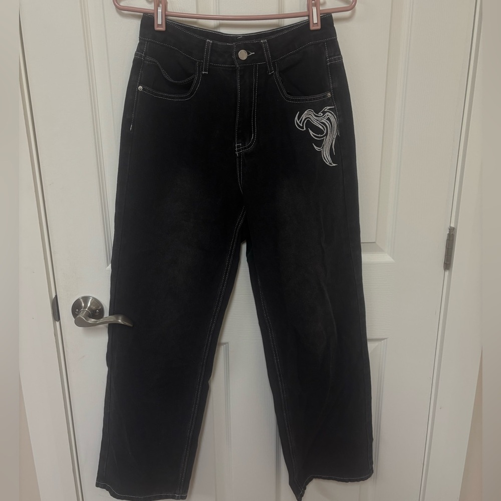 Black Women's High-Rise Straight Jeans with White Stitching